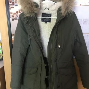 SMALL/XS Green Bomber Winter Jacket w Fur Hood